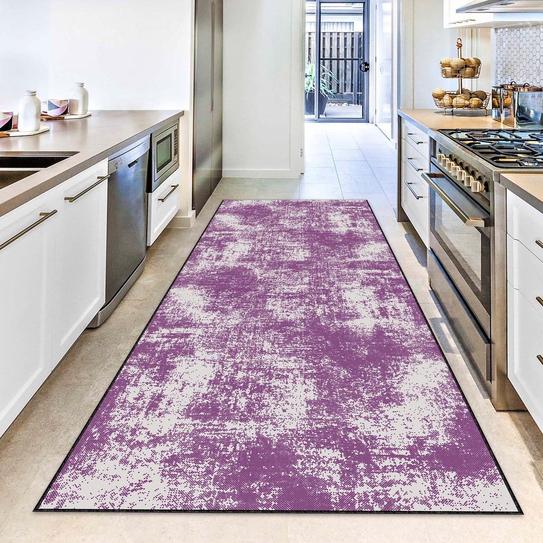Abstract Purple Runner Rug, Modern Hallway Carpet, Luxury Violet Floor ...