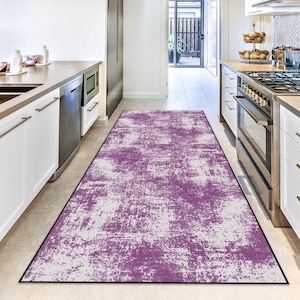 Abstract Purple Runner Rug, Modern Hallway Carpet, Luxury Violet Floor Decor, Artistic Entryway Mat, Kitchen Washable Rug, Non Slip Soft Rug