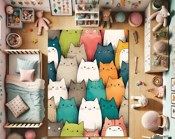 Cute Cat Pattern Rug, Kawaii Cat Kilim, Colorful Cartoon Cat Carpet, Nursery Decor Rug, Kids Room Boho Rug, Funny Cat Lover Gift, Animal Rug