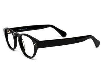 May include: Black round-framed eyeglasses with a classic design. The frames are made of a thick, durable plastic.