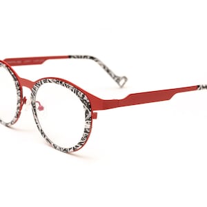 Oversized Round Black White Patterned Acetate / Matte Red Titanium Reading Glasses for Women, Prescription Optical Frames, Blue Light Block