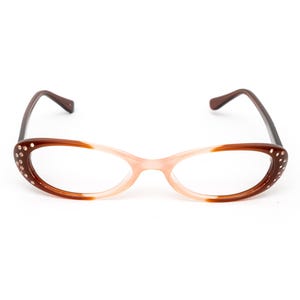 Rhinestone reading glasses for women, Ombre brown light pink acetate eyeglasses black color blocking, Oval 90s vintage style glasses frame