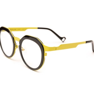Oversized Round Black Eyeglasses for Women – Yellow Titanium Temples, Blue Light Glasses or Reading Glasses Option, Women&#39;s Eyewear