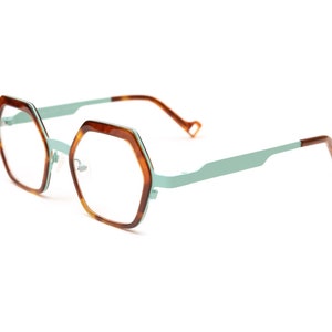 Tortoiseshell acetate/ matte aqua blue metal titanium reading glasses, Hexagon prescription eyeglasses frame, women’s eyewear