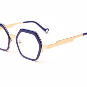 Navy blue and rose gold hexagonal titanium & acetate reading glasses or prescription frames for women