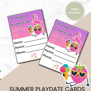 Sommer Playdate Kontakt-Visitenkarte für Kinder, Ende des Jahres, letzter Schultag Spieldate einladen, um mit Schulfreunden in Kontakt zu bleiben, PDF