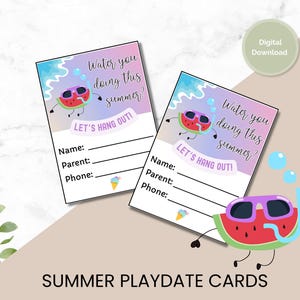 Sommer Playdate Kontakt-Visitenkarte für Kinder, Ende des Jahres, letzter Schultag Spieldate einladen, um mit Schulfreunden in Kontakt zu bleiben, PDF