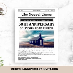 50 jaar kerkjubileum Krantuitnodiging, krantuitnodigingssjabloon, uitnodigingskaart, digitale afdrukbare download, bewerken op canvas