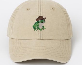 Cowboy Frog Vintage Dad Hat, Embroidered Frog in Cowboy Hat Baseball Cap, Funny Frogcore Western Unisex Hat, Cute Frog Gift for Frog Lovers