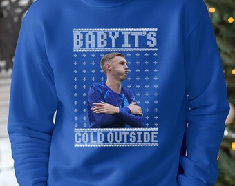 Baby Its Cold Outside Christmas Sweatshirt, Ugly Xmas Cole Palmer Jumper, Funny Cold Palmer Celebration Printed Sweater, Gifts for The Blues