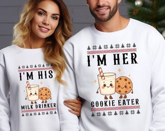 Matching Christmas Couple Sweaters, Funny Ugly Xmas Printed Jumpers, Milk Drinking Cookie Eater Holiday Party Sweatshirts Gift for Him & Her
