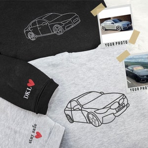 Aangepaste auto portret geborduurd sweatshirt, auto lijntekeningen portret bijpassende truien, gepersonaliseerde autoliefhebbers sweatshirt, 80e cadeau voor hem