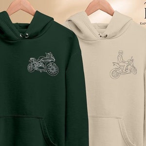 Custom Embroidered Bike Hoodie, Bike Photo Outline Portrait Hoodie, Motor Bike Lovers Jumpers, Personalised Name on Sleeves, Gift for Him