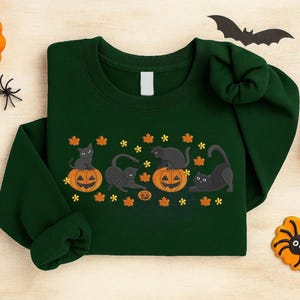 Halloween Black Cat Sweatshirt, Spooky Fall Pumpkin Embroidered Crewneck, Witchy Ghost Cat Jumpers, October Cozy Gift for Her or Cat Lovers