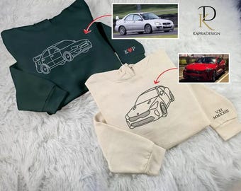 Custom Car Embroidered Portrait Hoodie, Personalised Car Photo Line Art Sketch Hoodie, Car Guy Initials on Sleeve Jumper, Car Lovers Gifts