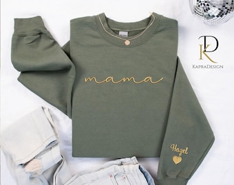 Embroidered Personalized Mama Sweatshirt, Mother's Day Gift, New Mom Gift, Minimalist Cool Mom Sweater, Custom Kids Names on Sleeve Jumper
