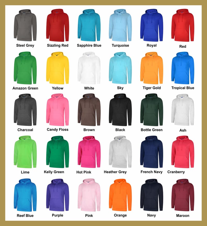 Puede incluir: Un gr&aacute;fico que muestra 24 colores diferentes de sudaderas con capucha. Los colores incluyen gris acero, rojo chispeante, azul zafiro, turquesa, azul real, rojo, verde amaz&oacute;nico, amarillo, blanco, azul cielo, oro tigre, azul tropical, carb&oacute;n, algod&oacute;n de az&uacute;car, marr&oacute;n, negro, verde botella, ceniza, verde lima, verde kelly, rosa intenso, gris jaspeado, azul marino, ar&aacute;ndano, azul arrecife, morado, rosa, naranja, azul marino y granate.