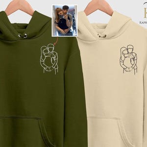 Personalised Embroidered Portrait Hoodie, Couple Outline Portrait from Photo Hoodie, Custom Matching Jumpers for His/Hers, Anniversary Gifts
