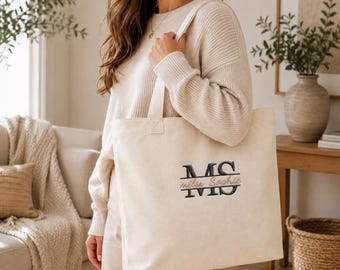 Personalised Embroidered Tote Bag, Name Monogram Cotton Canvas Bag, Bridesmaid Gift, Custom Travel Tote, Wedding Party Gift for Her