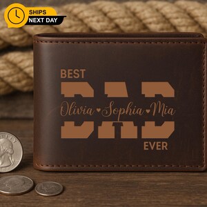 Cartera personalizada para papá con nombres de niños, cartera de cuero grabada para papá, regalo personalizado para el Día del Padre de los niños, regalo de cumpleaños para su esposo.