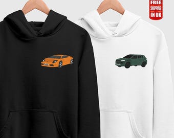 Personalised Car Portrait Hoodie, Embroidered Drawing Sketch from Photo Hoody, Custom Car Lovers Jumper, Best 80th Birthday Gift for Car Guy