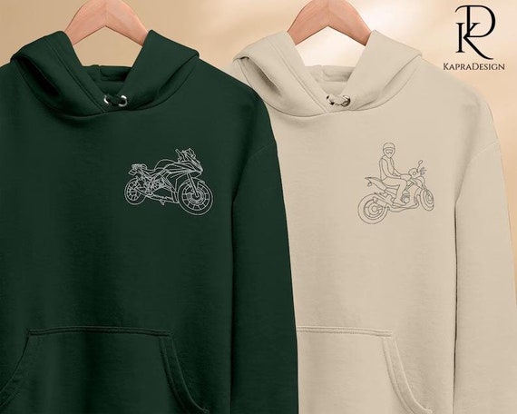 Custom Embroidered Bike Hoodie, Bike Photo Outline Portrait Hoodie, Motor Bike Lovers Jumpers, Personalised Name on Sleeves, Gift for Him
