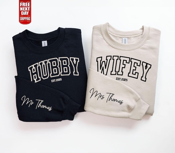 Personalised Wifey & Hubby Matching Sweaters, Couples Mr and Mrs Sweatshirt, Custom Wedding Gift for Newlyweds Couple, Bridal Shower Present