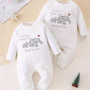 Our First Mother&#39;s Day Elephant Baby Bodysuit, Mother & Child Babygrow Sleepsuit, Newborn Baby Gifts, Baby Shower Presents, Mothers Day Gift
