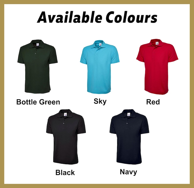 K&ouml;nnte beinhalten: F&uuml;nf Poloshirts in verschiedenen Farben: Flaschengr&uuml;n, Himmelblau, Rot, Schwarz und Marine. Verf&uuml;gbare Farben.