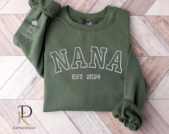 Custom Embroidered Nana Sweater with Grandkids Names on Sleeve, Nana Est 2025 Crewneck, Personalized Grandma Sweater, Mothers Day Gifts