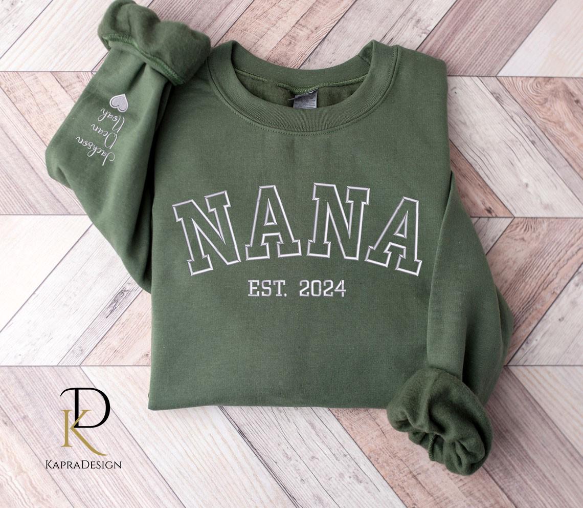 Custom Nana Sweatshirt Or Hoodie With GrandKids Names On Sleeve