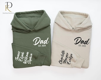 Custom Dad Hoodie with Kids Names on Sleeve, Personalised Father's Day Gift, Dad EST Year Printed Jumpers, New Dad Gift, Birthday Present