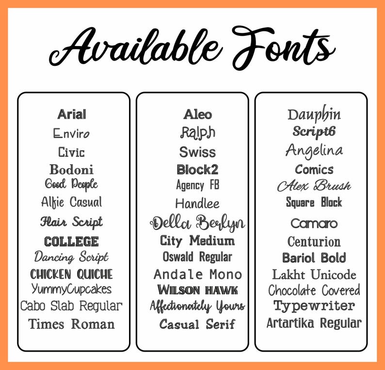 K&ouml;nnte beinhalten: Eine Liste von verf&uuml;gbaren Schriftarten f&uuml;r die Verwendung in einem Designprojekt. Die Schriftarten sind in drei Spalten angeordnet, wobei jede Spalte einen anderen Schriftstil enth&auml;lt. Die Schriftarten sind alle in schwarzem Text auf wei&szlig;em Hintergrund.