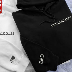 Roman Numeral Matching Hoodie, Custom Embroidered Anniversary Date Hoodie, Initials on Sleeve, Valentines Couple Hoodies, Gift for Boyfriend