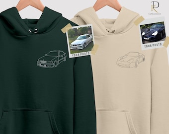 Embroidered Car Photo Portrait Hoodie, Custom Line Art Sketch Matching Hoody, Personalised Initial Car Lover Jumper, Best 80th Birthday Gift