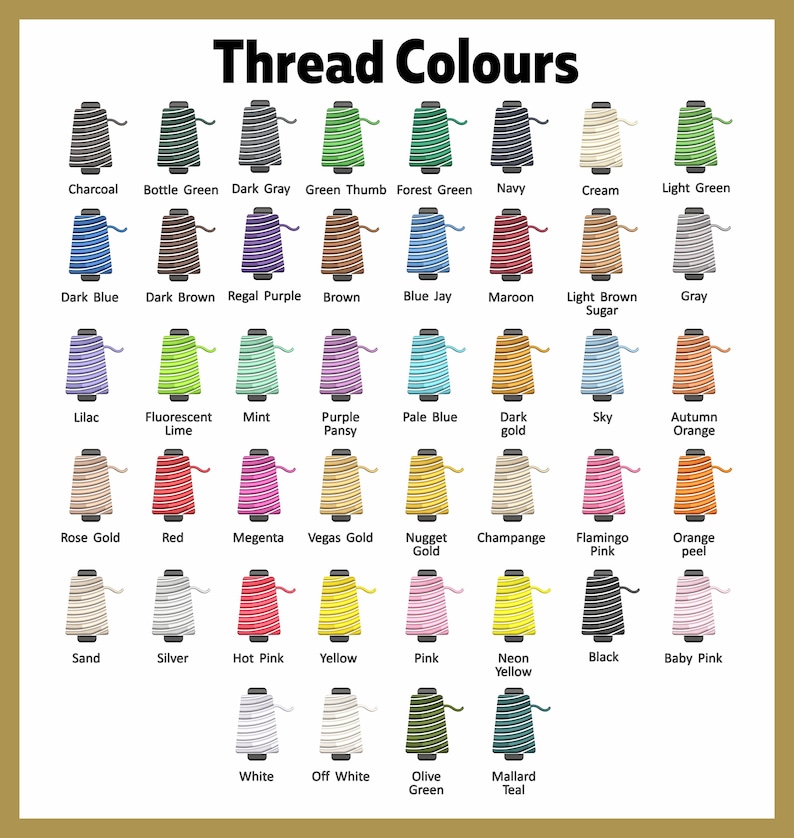 Puede incluir: Una tabla de colores de hilo con nombres para cada color. Los colores est&aacute;n dispuestos en filas y columnas. Los colores incluyen carb&oacute;n vegetal, verde botella, gris oscuro, pulgar verde, verde bosque, azul marino, crema, verde claro, azul oscuro, marr&oacute;n oscuro, morado real, marr&oacute;n, azul jay, marr&oacute;n, az&uacute;car marr&oacute;n claro, gris, lila, lima fluorescente, menta, pensamiento morado, azul p&aacute;lido, oro oscuro, cielo, naranja de oto&ntilde;o, oro rosa, rojo, magenta, oro de Las Vegas, oro de pepita, champ&aacute;n, rosa flamenco, c&aacute;scara de naranja, arena, plata, rosa caliente, amarillo, rosa, amarillo ne&oacute;n, negro, rosa beb&eacute;, blanco, blanco roto, verde oliva y azul pato.