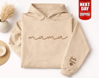 Personalised Embroidered Mama Hoodie, Mother's Day Gift, New Mom Gift, Minimalist Cool Mom Hoodie, Custom Kids Names on Sleeve Jumpers