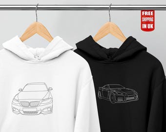 Personalised Car Sketch Hoodie, Custom Printed Car Portrait from Photo Hoody, Car Guy Boyfriend Matching Jumper, Car Lovers Birthday Gift