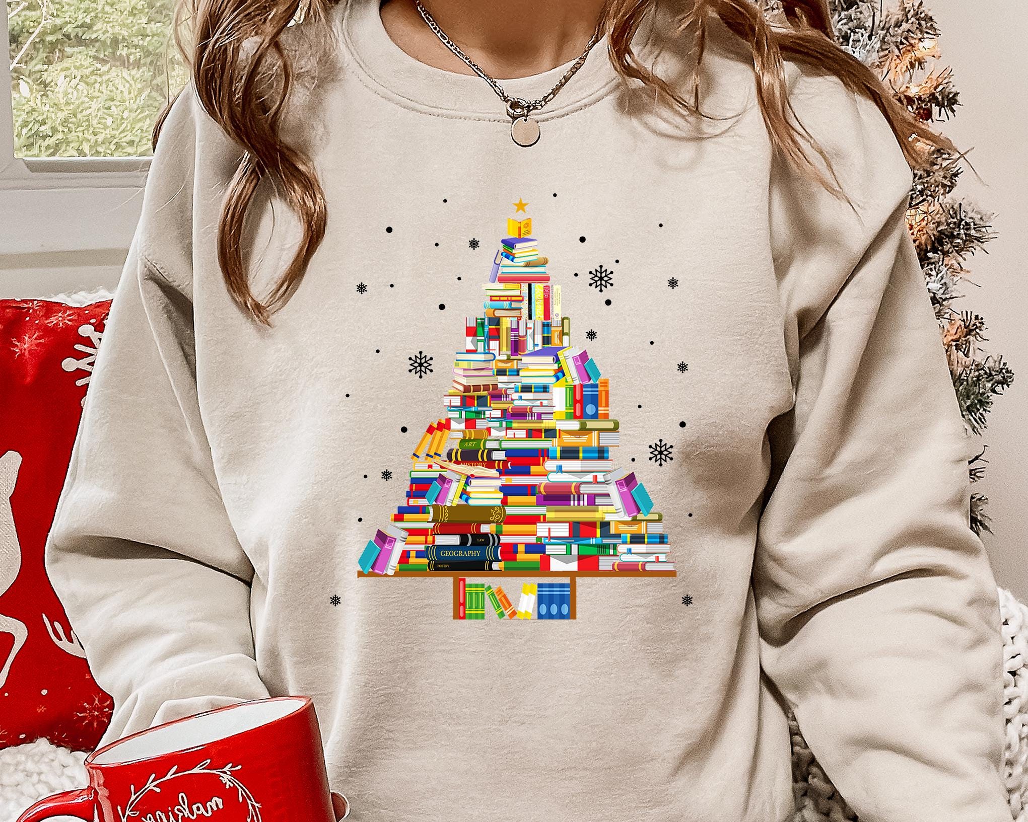 HAJIEXY Women's Christmas Books Tree Sweatshirt - Cute Book Lover Holiday Graphic Long Sleeve Top