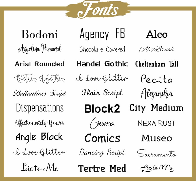 Puede incluir: Una lista de fuentes en texto negro sobre un fondo dorado. Las fuentes se enumeran en dos columnas. Las fuentes incluyen Bodoni, Agency FB, Aleo, Arial Rounded, Handel Gothic, Cheltenham Tall, Better Together, I Love Glitter, Pecita, Ballantines Script, Flair Script, Alesandra, Dispensations, Block2, City Medium, Affectionately Yours, Geovana, Angle Block, Comics, NEXA RUST, Museo, I Love Glitter, Dancing Script, Sacramento, Lie to Me, Tertre Med, Lie to Me.