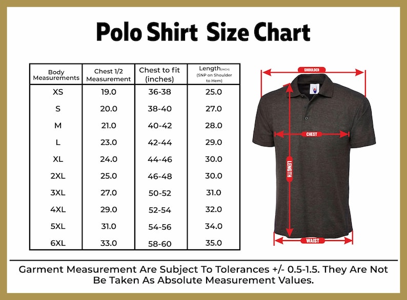 K&ouml;nnte beinhalten: Eine Gr&ouml;&szlig;entabelle f&uuml;r Poloshirts mit Ma&szlig;en in Zoll f&uuml;r Brust, L&auml;nge und K&ouml;rperma&szlig;e. Die Tabelle zeigt Gr&ouml;&szlig;en von XS bis 6XL. Die Tabelle enth&auml;lt auch ein Diagramm eines Poloshirts mit beschrifteten Ma&szlig;en f&uuml;r Brust, L&auml;nge und Taille.