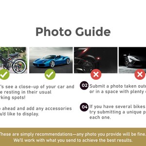 Puede incluir: Gu&iacute;a de fotos con cuatro im&aacute;genes que muestran ejemplos de fotos buenas y malas para una lista de productos. La primera imagen muestra una bicicleta el&eacute;ctrica negra y un coche deportivo azul, ambos aparcados en un &aacute;rea bien iluminada. La segunda imagen muestra un primer plano de un coche deportivo azul aparcado en un &aacute;rea bien iluminada. La tercera imagen muestra un coche negro aparcado en un &aacute;rea oscura, con una X roja sobre &eacute;l. La cuarta imagen muestra un coche negro aparcado en un &aacute;rea oscura, con una X roja sobre &eacute;l. El texto debajo de las im&aacute;genes proporciona instrucciones para tomar buenas fotos de productos.