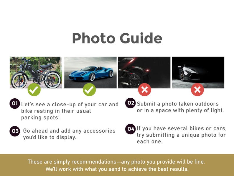Puede incluir: Gu&iacute;a de fotos con cuatro im&aacute;genes que muestran ejemplos de fotos buenas y malas para una lista de productos. La primera imagen muestra una bicicleta el&eacute;ctrica negra y un coche deportivo azul, ambos aparcados en un &aacute;rea bien iluminada. La segunda imagen muestra un primer plano de un coche deportivo azul aparcado en un &aacute;rea bien iluminada. La tercera imagen muestra un coche negro aparcado en un &aacute;rea oscura, con una X roja sobre &eacute;l. La cuarta imagen muestra un coche negro aparcado en un &aacute;rea oscura, con una X roja sobre &eacute;l. El texto debajo de las im&aacute;genes proporciona instrucciones para tomar buenas fotos de productos.