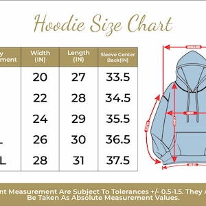 May include: Hoodie size chart with measurements in inches for width, length, and sleeve center back. The chart shows sizes S through 2XL. A diagram of a light blue hoodie with measurements labeled for shoulder, chest, sleeve, and waist.