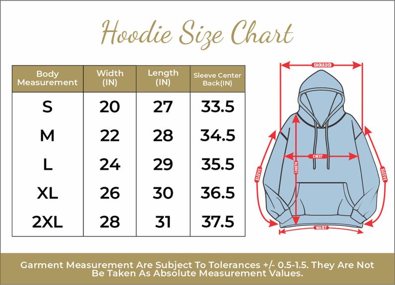 May include: Hoodie size chart with measurements in inches for width, length, and sleeve center back. The chart shows sizes S through 2XL. A diagram of a light blue hoodie with measurements labeled for shoulder, chest, sleeve, and waist.