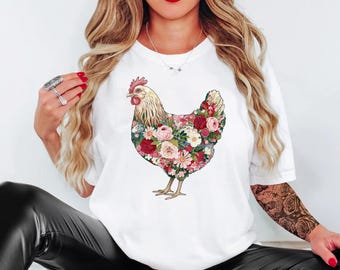 Wildflower Chicken T Shirt, Cottagecore Chicken Printed Shirt, Ladies Chicken Lovers Tees, Chicken Mom Tops, Mothers Day Gifts, Farmer Gifts