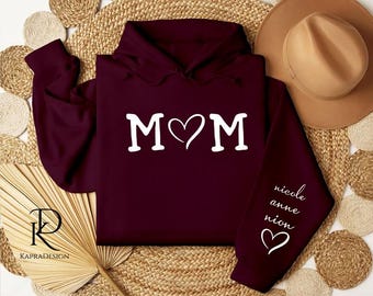 Personalized Mom Hoodie with Kids Names, Custom Mama Heart Printed Hoodie, Mother&#39;s Day Gift, Mom of Boys Girls Jumpers, Gift for Grandma