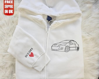 Custom Embroidered Car Portrait Hoodie, Personalised Outline Sketch Hooded Jumper, Classic Car Embroidery Zip up Hoody, Best Car Lovers Gift