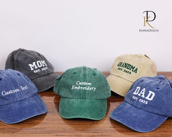 Personalised Embroidered Hat, Custom Date Mom & Dad Baseball Hat, Pregnancy Announcement Gift, Vintage Hat for New Grandma, Mothers Day Gift