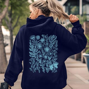 Blue Wildflower Hoodie, Floral Printed Hoodie for Womens, Aesthetic Flower Jumper,